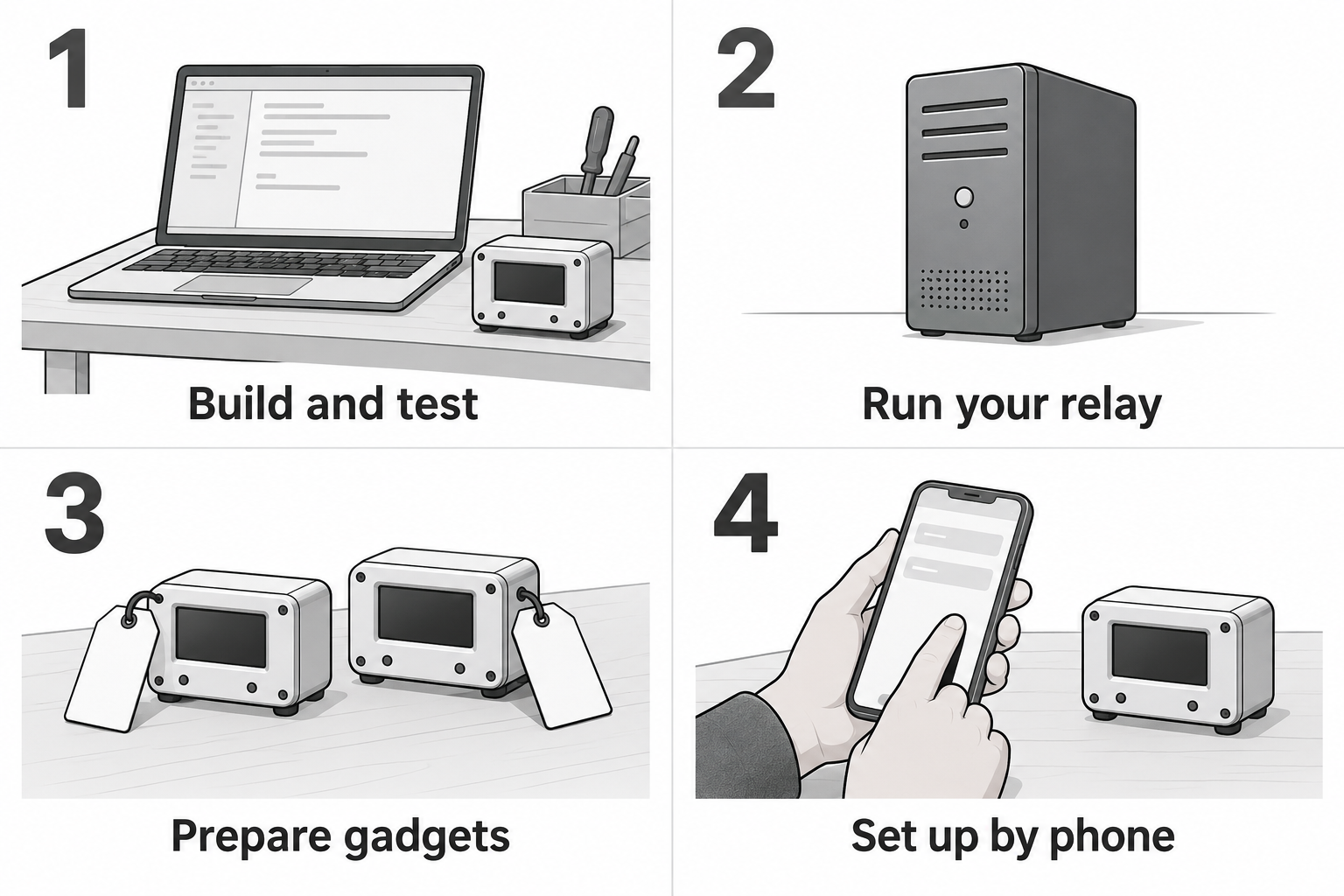 Four conceptual stages: build and test, run your relay, prepare gadgets, then set up by phone.