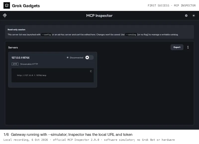 MCP Inspector connects to the local gateway, lists six tools, finds the simulated light sim-c124 and sets it blue. The reply says executed, simulated true, physical_verified false.